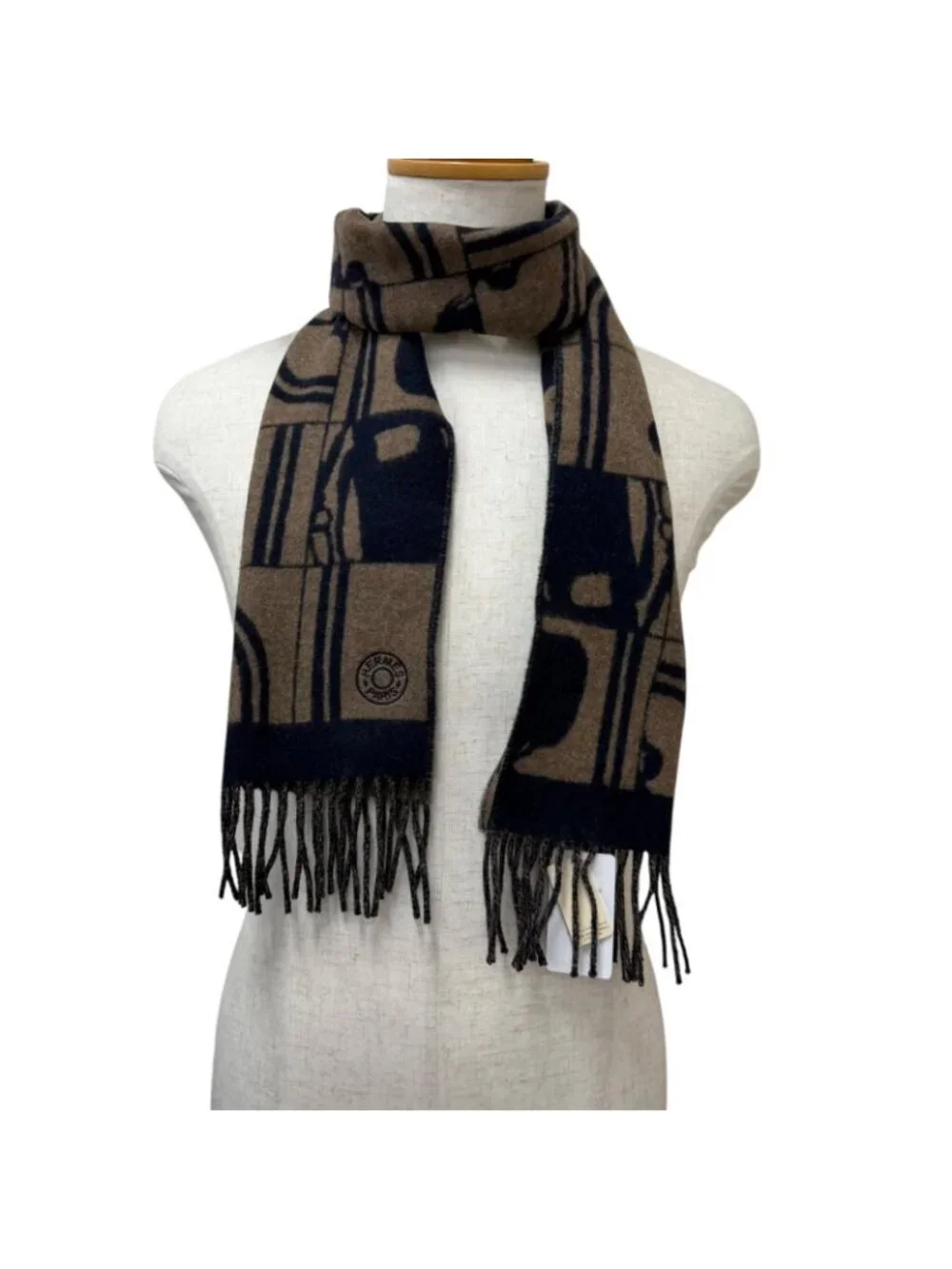 Hermes Brid Gala Cashmere Clou de Selle Embroidery Fringe Scarf Marine Etoupe